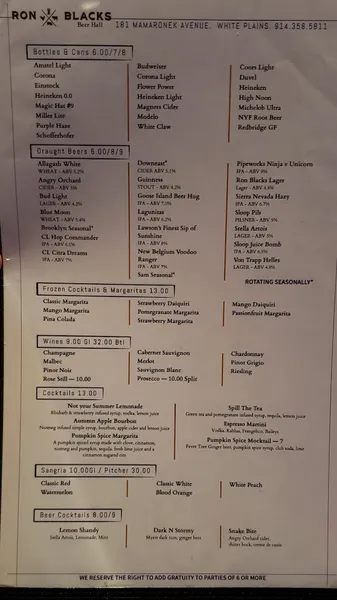 menu of Ron Blacks Beer Hall