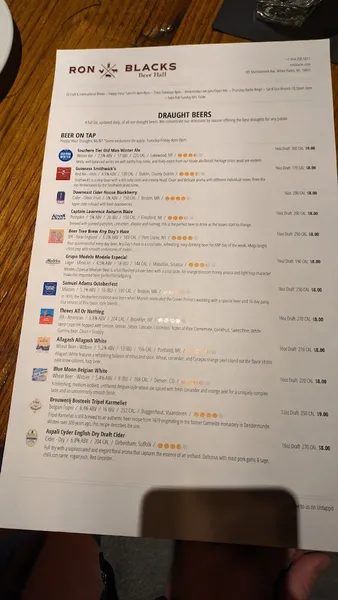 menu of Ron Blacks Beer Hall