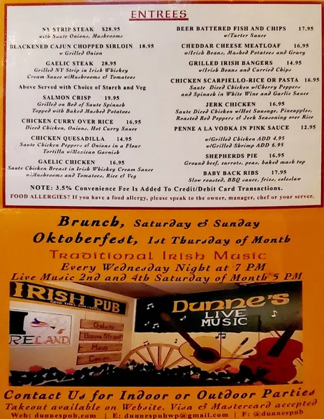 menu of Dunne's Pub