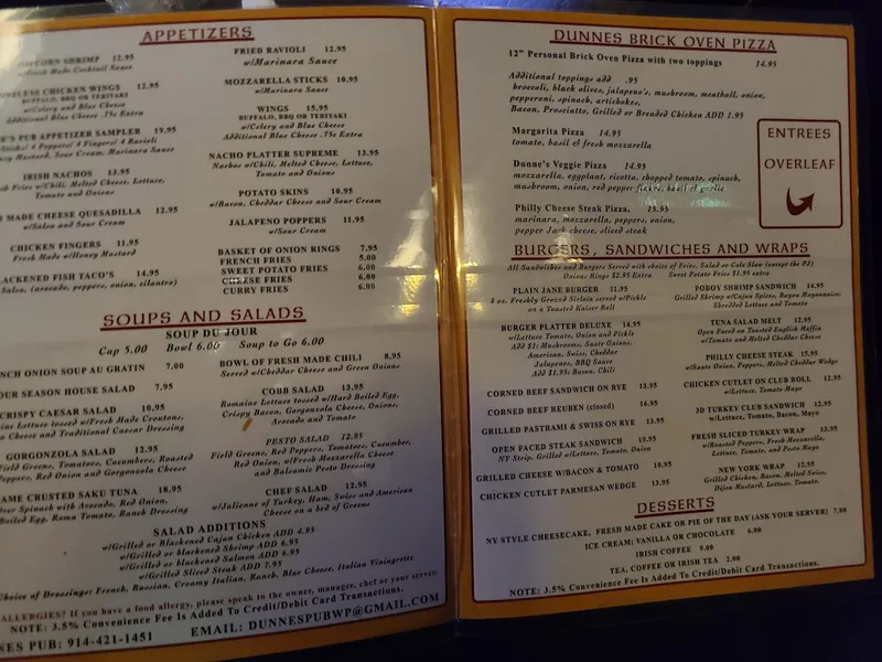 menu of Dunne's Pub