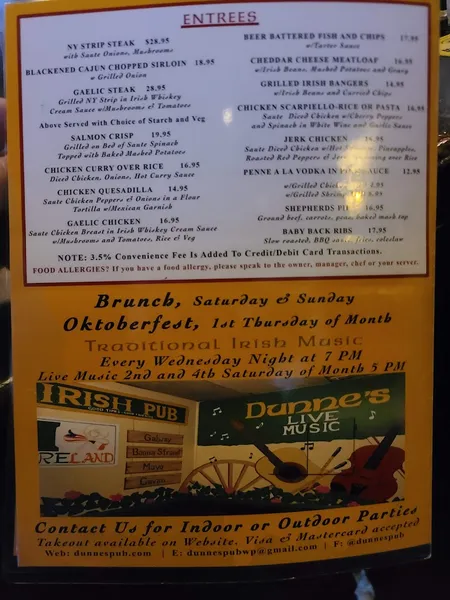 menu of Dunne's Pub