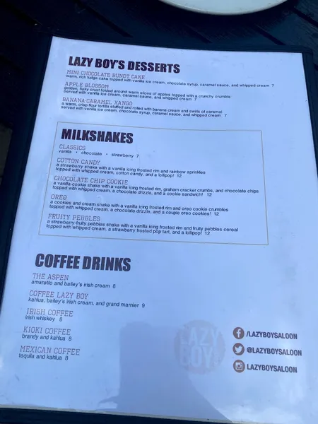 menu of The Lazy Boy Saloon