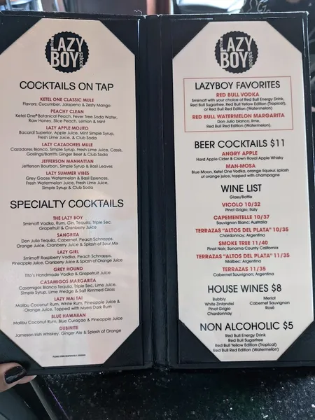 menu of The Lazy Boy Saloon