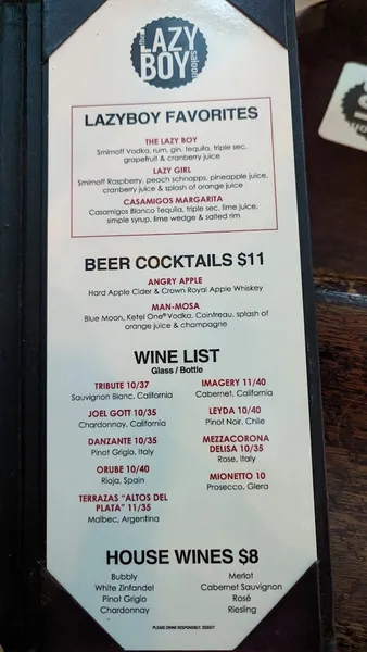 menu of The Lazy Boy Saloon