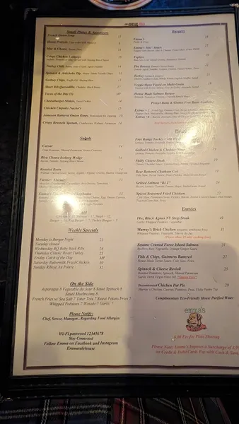 menu of Emma's Ale House