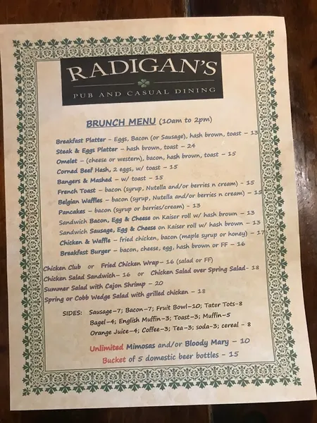 menu of Radigan's Pub And Casual Dining