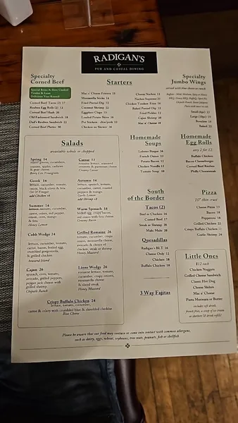 menu of Radigan's Pub And Casual Dining