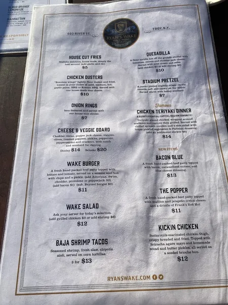 menu of Ryan's Wake