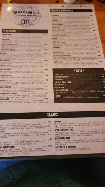 menu of Bootlegger's on Broadway