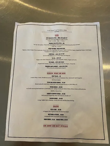 menu of The Craft Kitchen & Bar