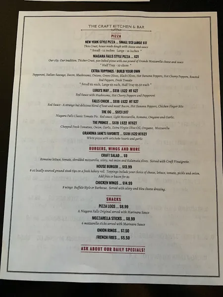 menu of The Craft Kitchen & Bar