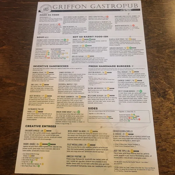 menu of The Griffon Gastropub