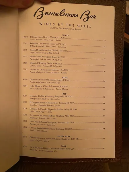 menu of Bemelmans Bar