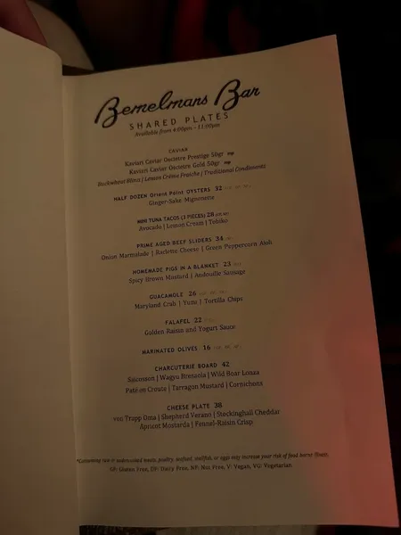 menu of Bemelmans Bar