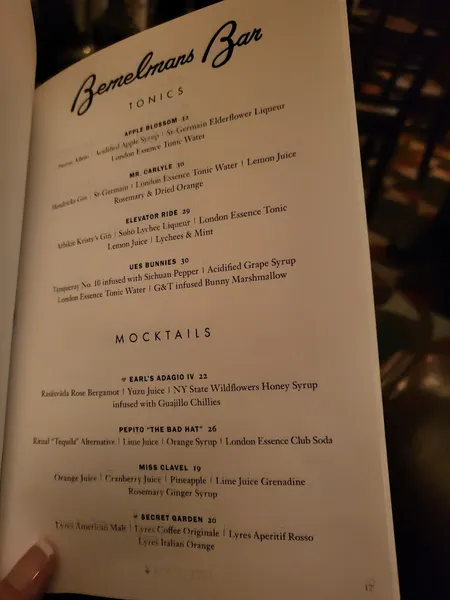 menu of Bemelmans Bar