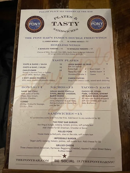 menu of The Pony Bar