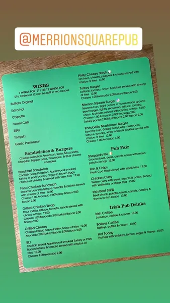 menu of Merrion Square Pub