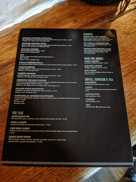 menu of Merrion Square Pub