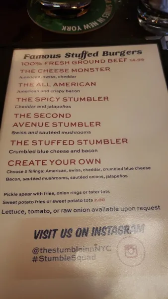 menu of The Stumble Inn