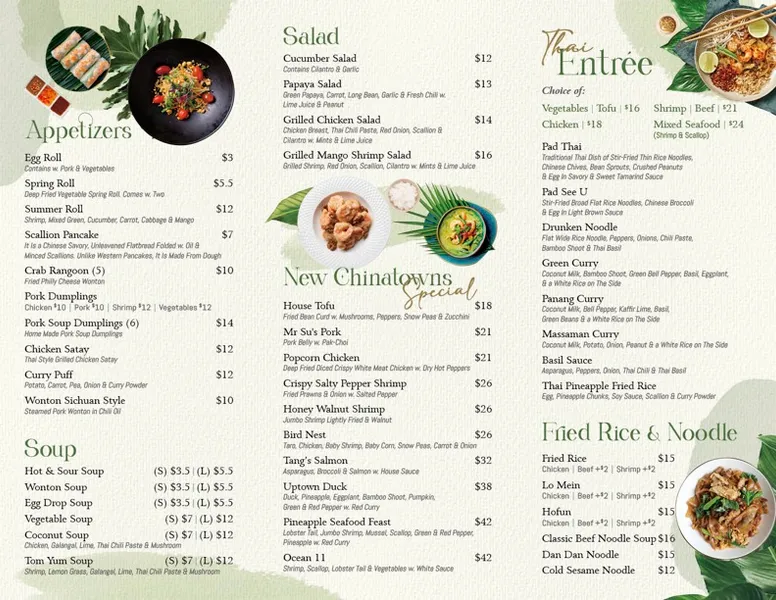 menu of New Chinatown Restaurant and Bar | Asian Fusion | Chinese and Thai Food