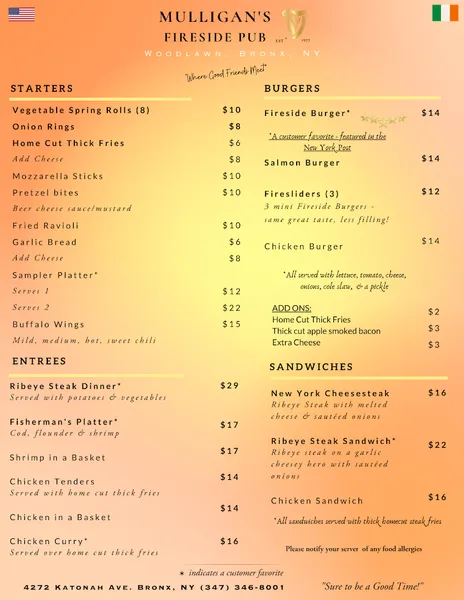 menu of Mulligan's Fireside Pub