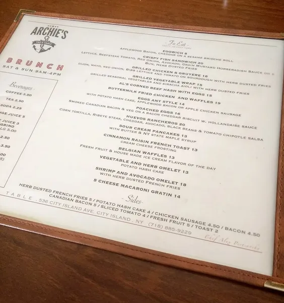 menu of Archie's Tap & Table