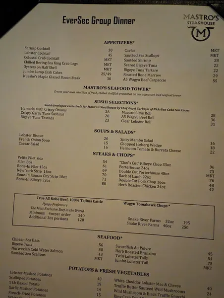 menu 2 of Mastro's Steakhouse