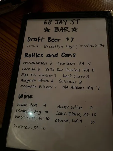 menu of 68 Jay Street Bar