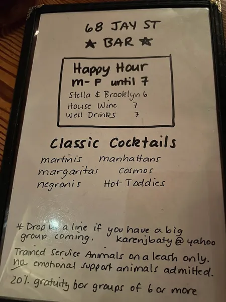 menu of 68 Jay Street Bar