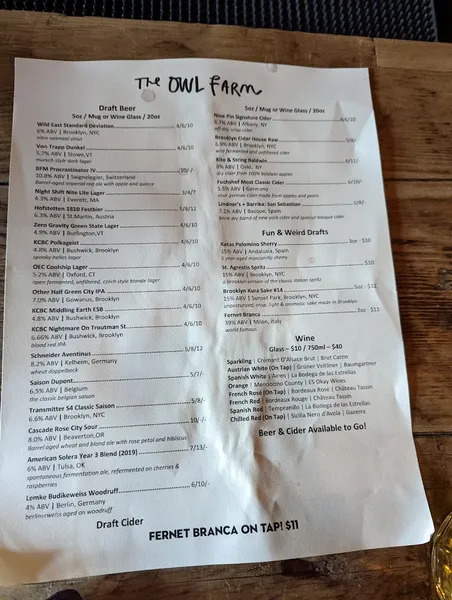 menu of The Owl Farm