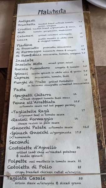 menu 1 of Malatesta Trattoria