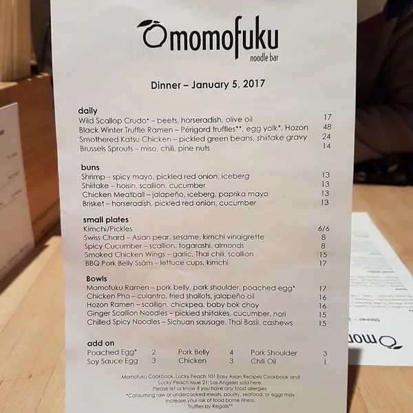 menu 1 of Momofuku Noodle Bar