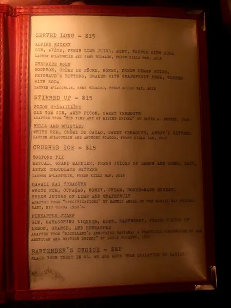 menu of Fresh Kills Bar