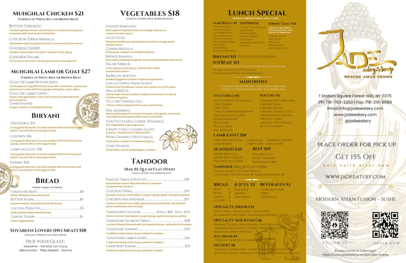 menu of Jade Eatery And Lounge