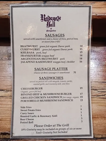 menu of Radegast Hall & Biergarten