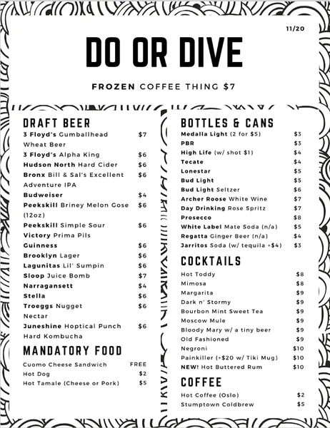 menu of Do or Dive Bar