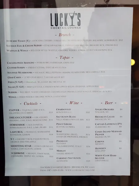 menu of Lucky's Cocktail Lounge