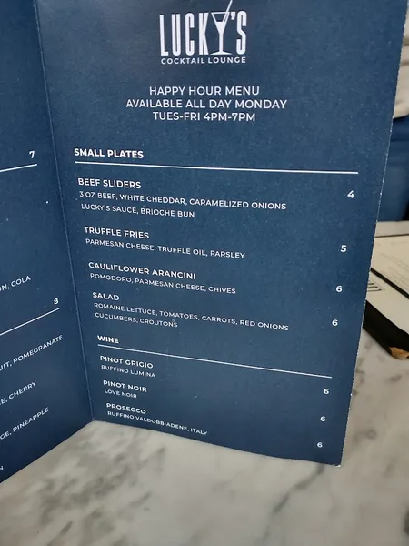 menu of Lucky's Cocktail Lounge