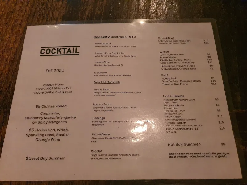 menu of Cocktail Bedstuy