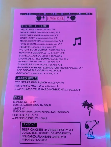 menu of Lovers Rock