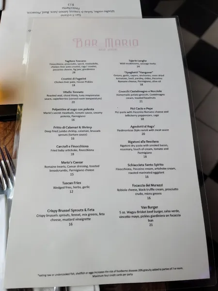 menu of Bar Mario