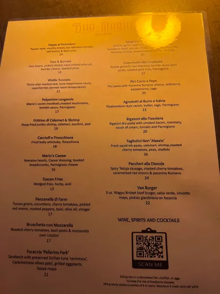 menu of Bar Mario