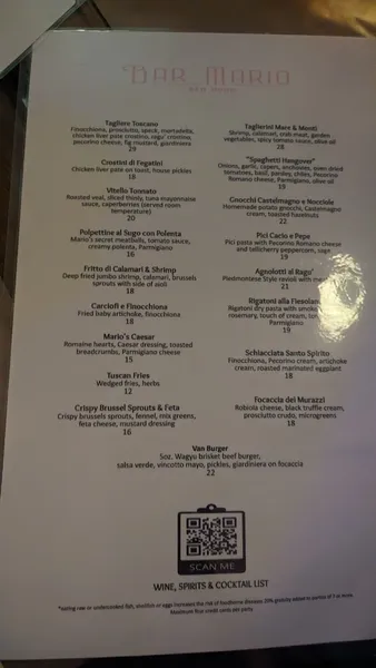 menu of Bar Mario