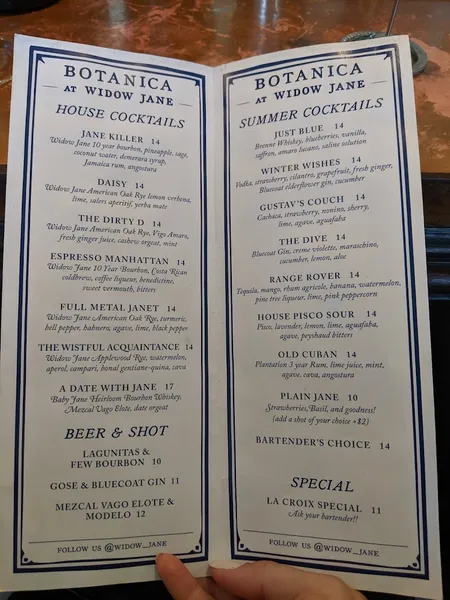 menu of Botanica at Widow Jane