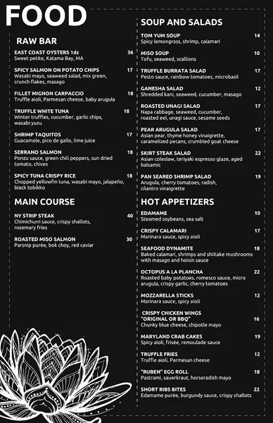 menu of Tabu lounge