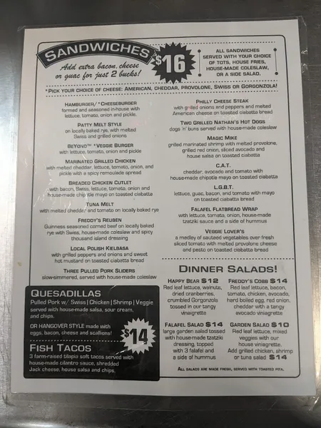 menu of Freddy's Bar