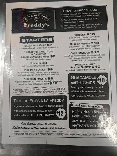 menu of Freddy's Bar