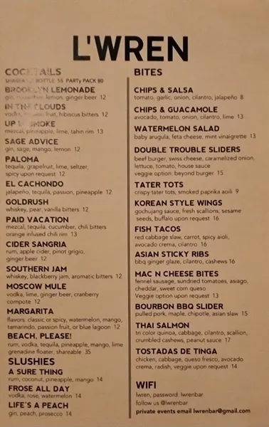 menu of L’Wren