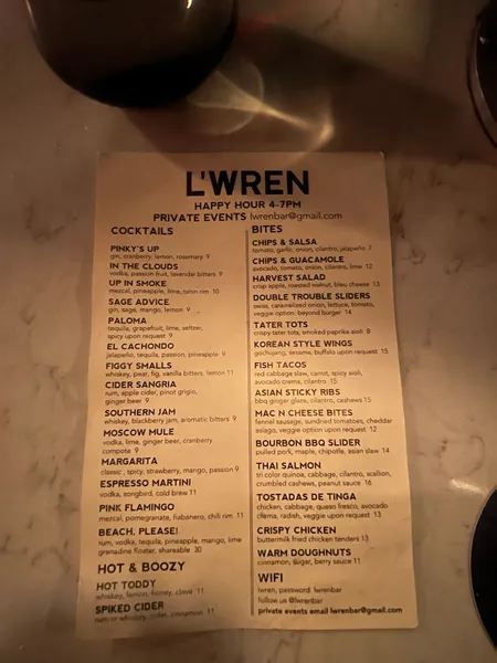 menu of L’Wren