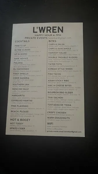 menu of L’Wren